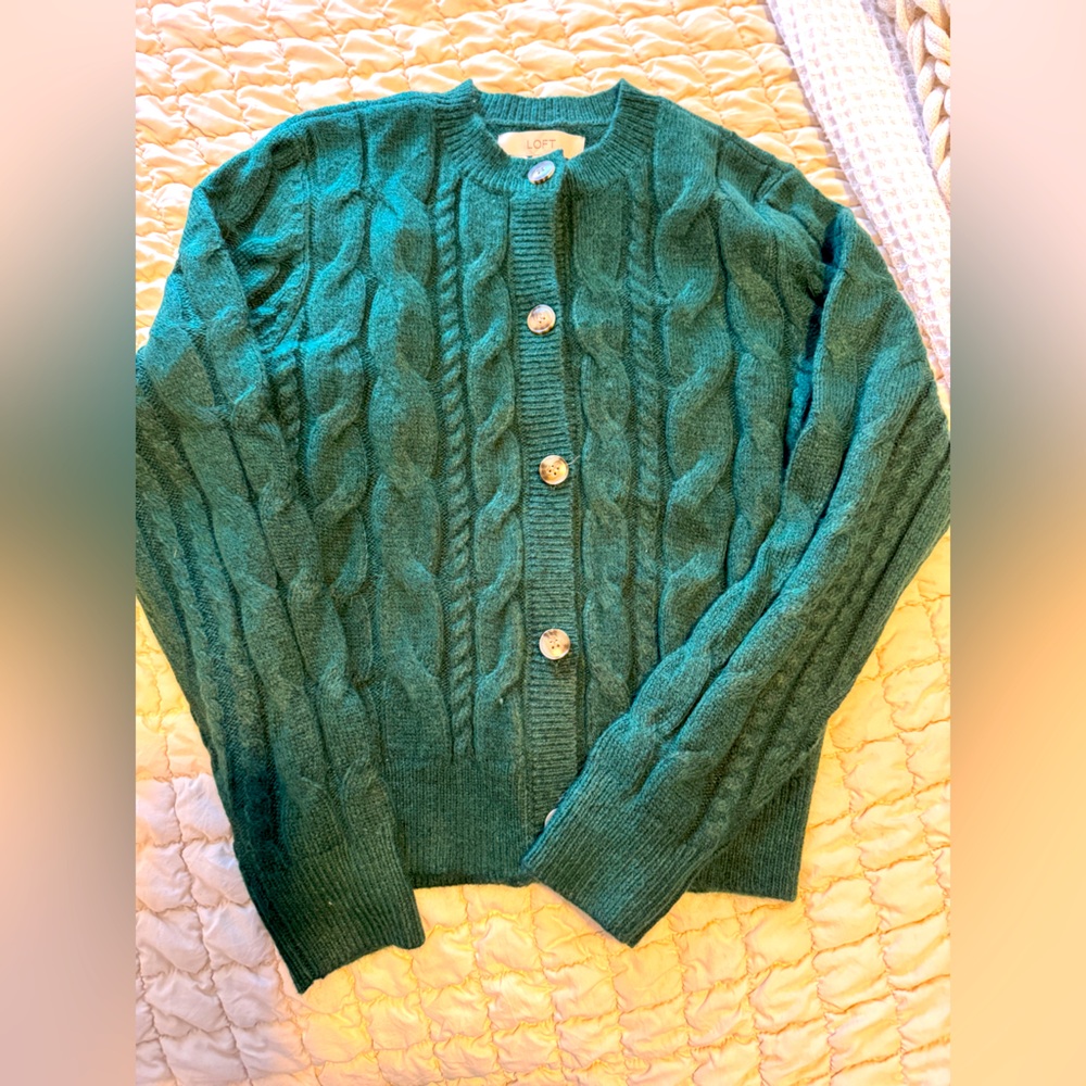 NWT LOFT Size Small Forest Green Button up Cardigan Sweater